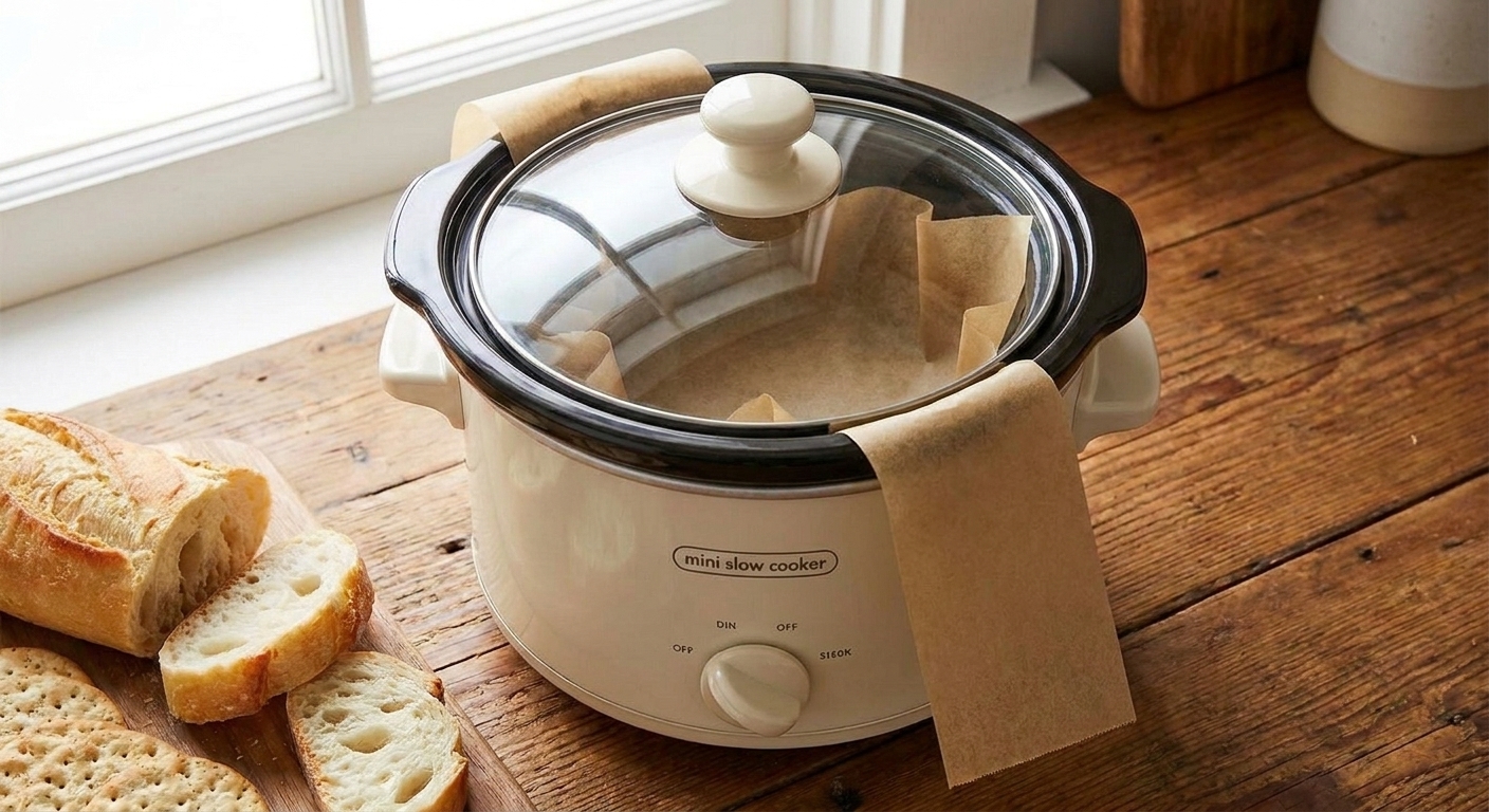 A 1.5-quart mini slow cooker insert lined with parchment paper, including a long strip folded over the sides like a sling