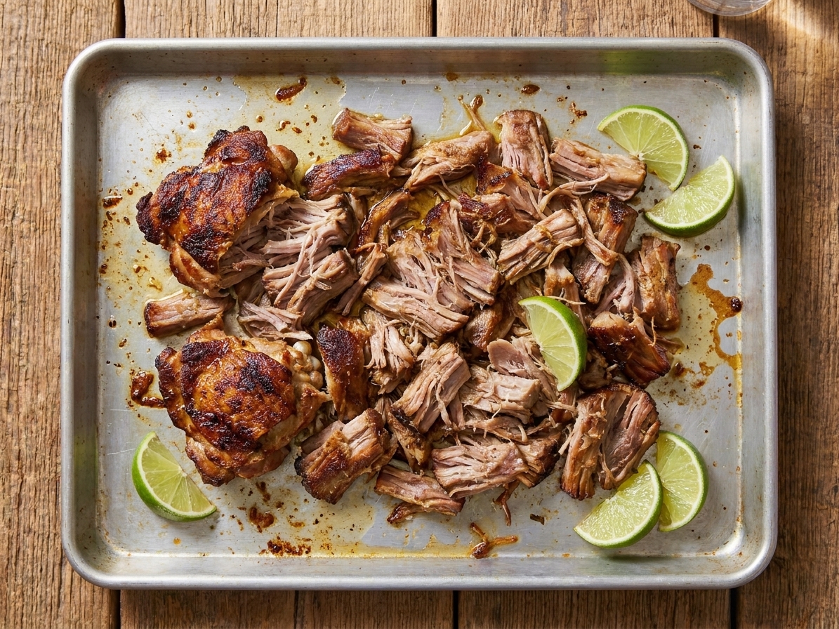 A baking sheet with shredded pork carnitas just out of the oven, edges browned and crisp with lime wedges nearby