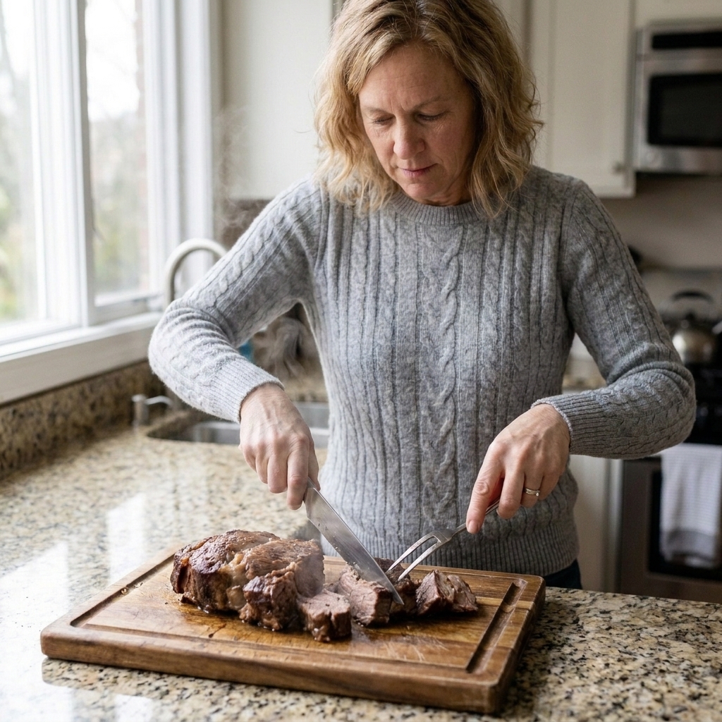 A beef roast on a wooden cutting board being cut into large chunks with a chef's knife