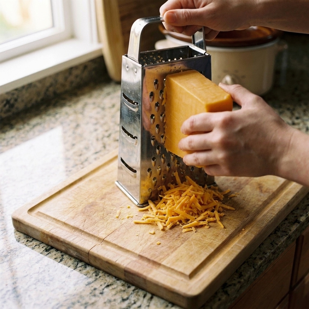 A block of cheddar cheese being grated on a box grater on a wooden cutting board