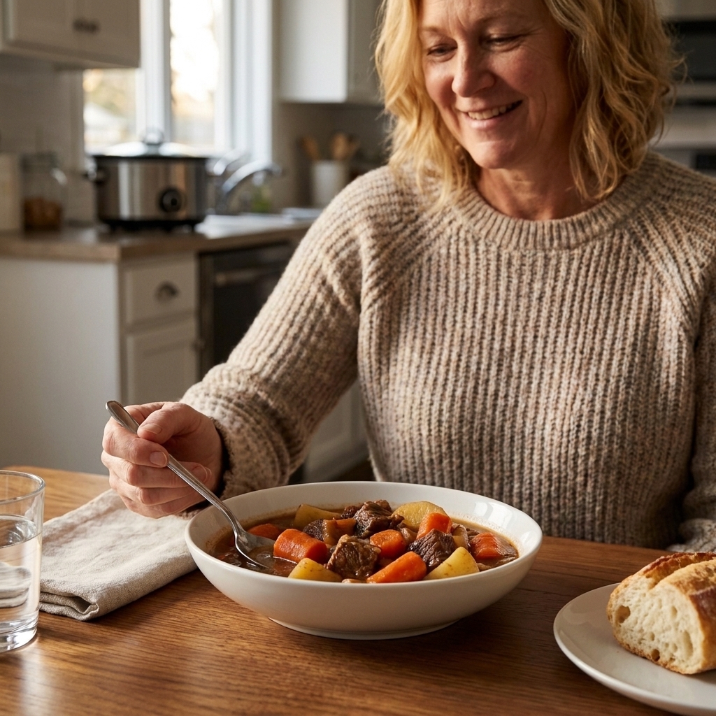 A bowl of beef stew with carrots and potatoes served with a spoon on a weeknight table