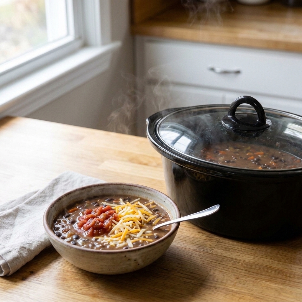 A bowl of black bean soup topped with a spoonful of salsa and a sprinkle of shredded cheese beside a slow cooker