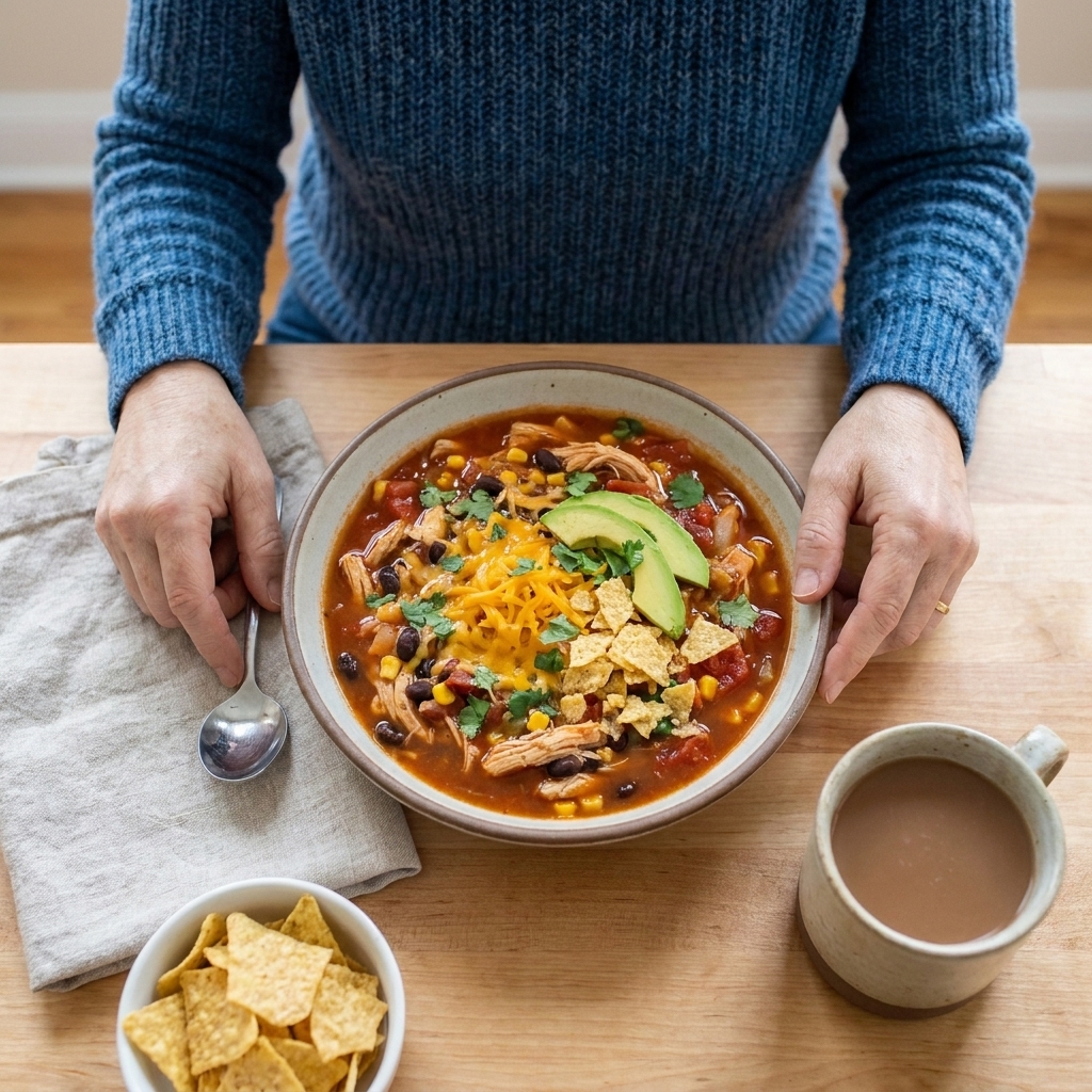 A bowl of chicken taco soup topped with shredded cheese, avocado slices, cilantro, and crushed tortilla chips on a cozy weeknight table setting