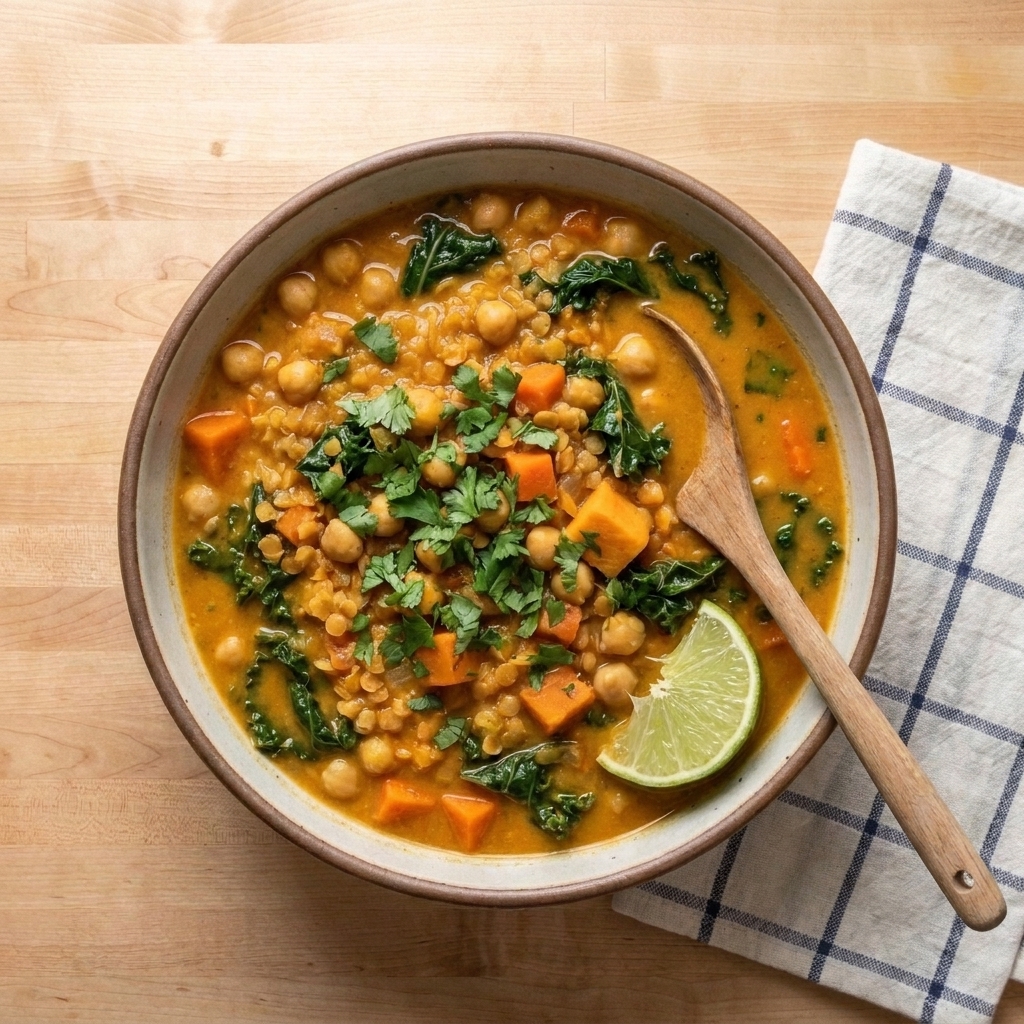 A bowl of chickpea and red lentil curry stew with a creamy orange broth, garnished with cilantro and served with a lime wedge