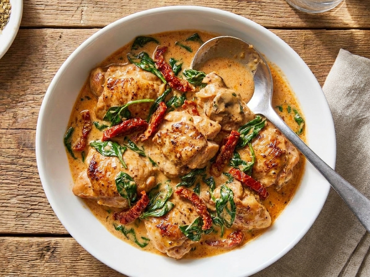 A bowl of creamy Tuscan chicken with spinach and sun-dried tomatoes, sauce spooned over the top on a wooden table