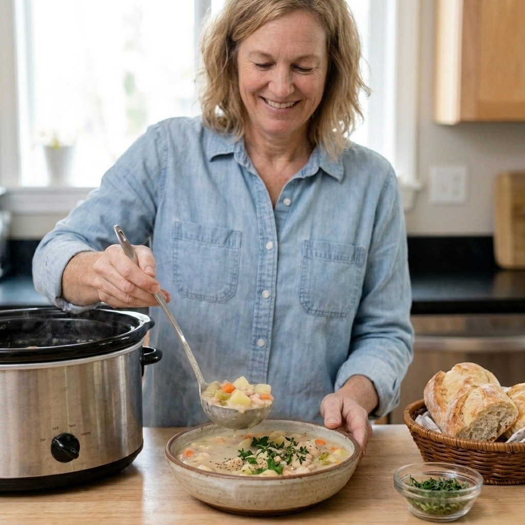 A bowl of creamy white bean and potato soup with herbs on top, served warm