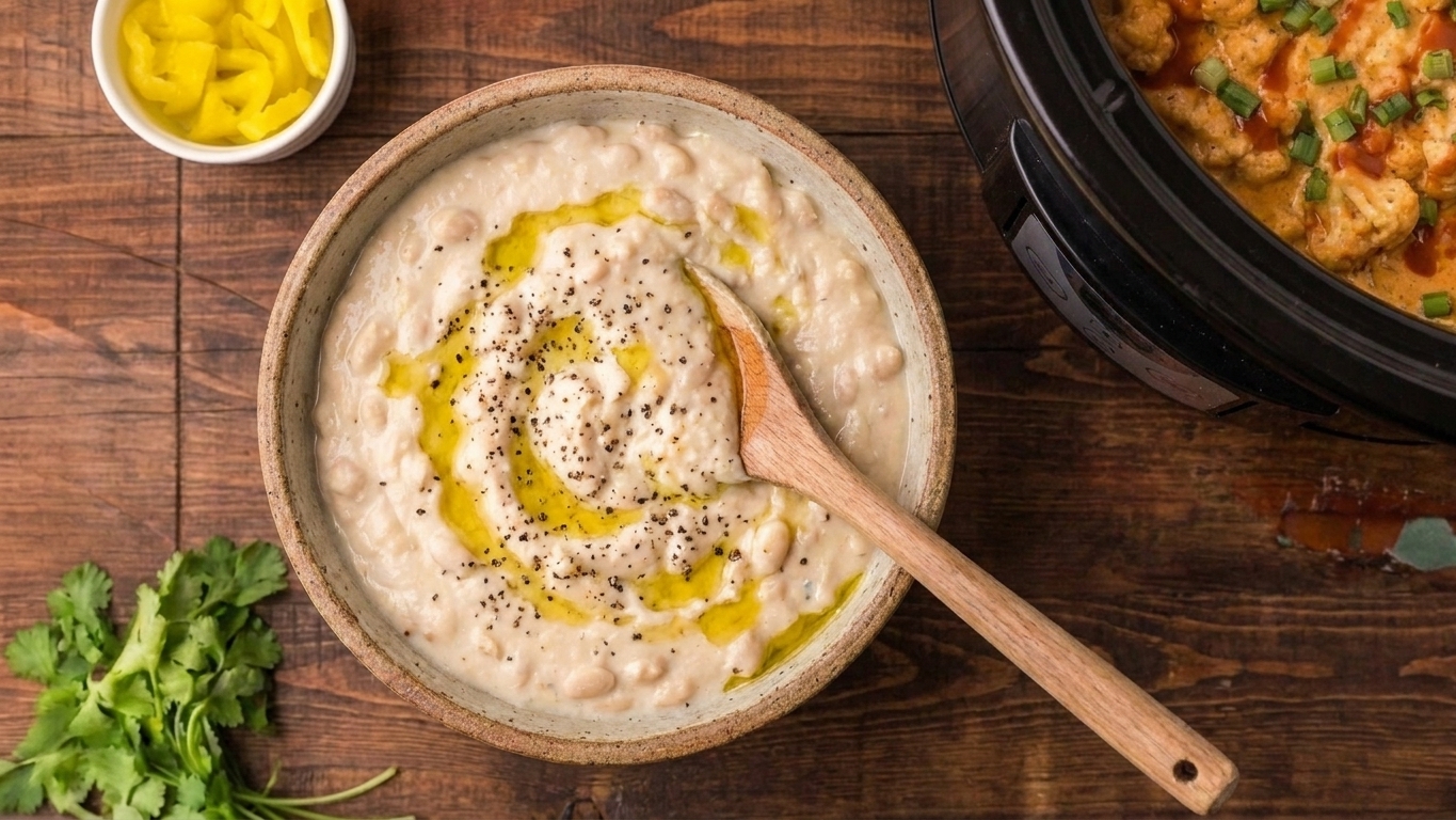 A bowl of creamy white bean garlic dip with olive oil and cracked pepper on top, sitting next to the slow cooker