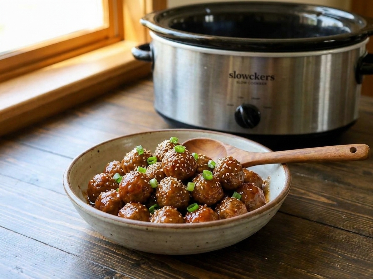 A bowl of gochujang-glazed meatballs with sesame seeds and sliced scallions, with a slow cooker behind them
