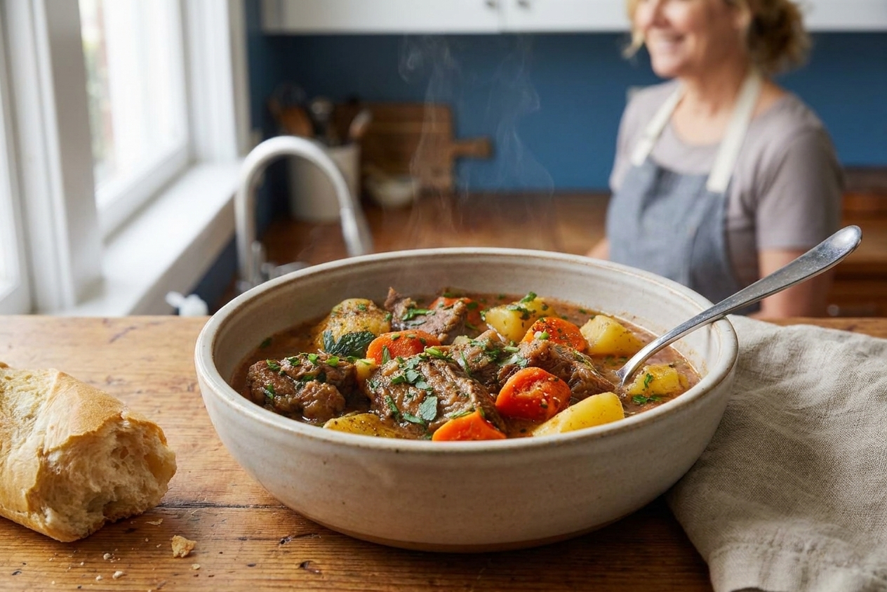 A bowl of hearty beef stew with chunks of beef, potatoes, carrots, and parsley on a wooden table with a spoon