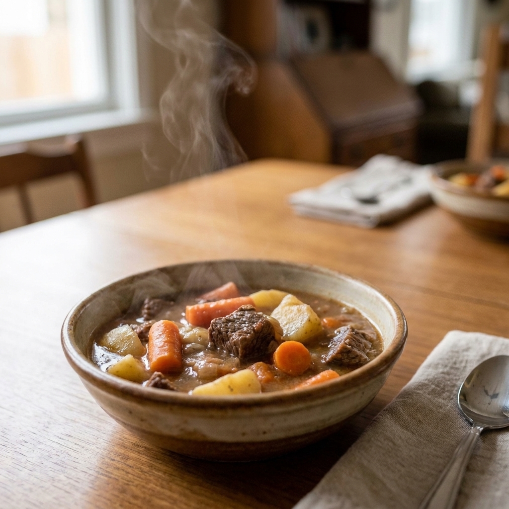 A bowl of hearty beef stew with tender chunks of carrot and potato on a simple weeknight dinner table with a spoon and napkin