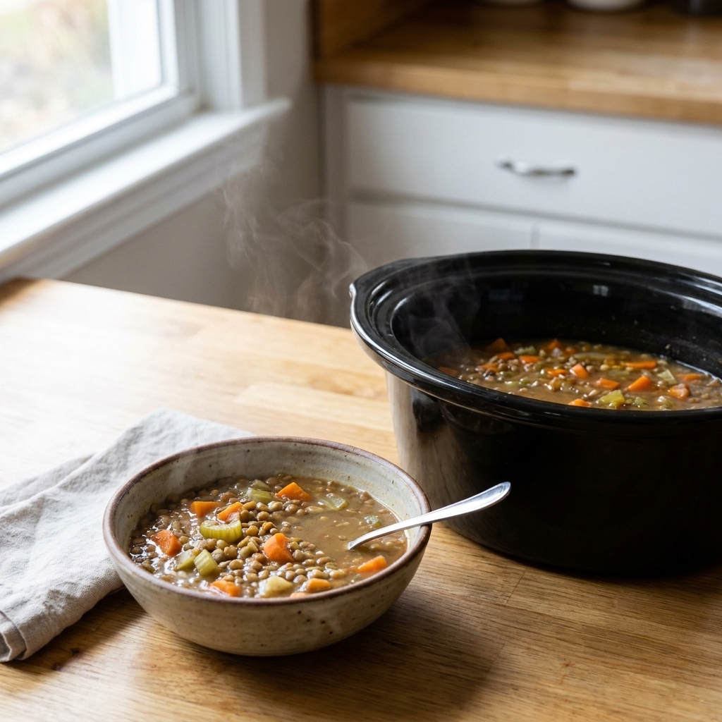 A bowl of lentil vegetable soup with carrots and celery beside a slow cooker insert on a wooden table
