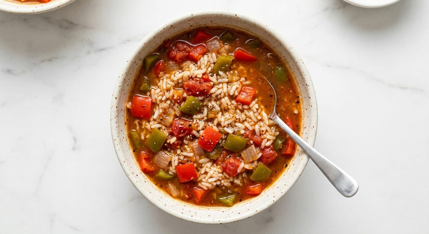 A bowl of meatless stuffed pepper soup with rice, bell peppers, and tomatoes, served with a spoon