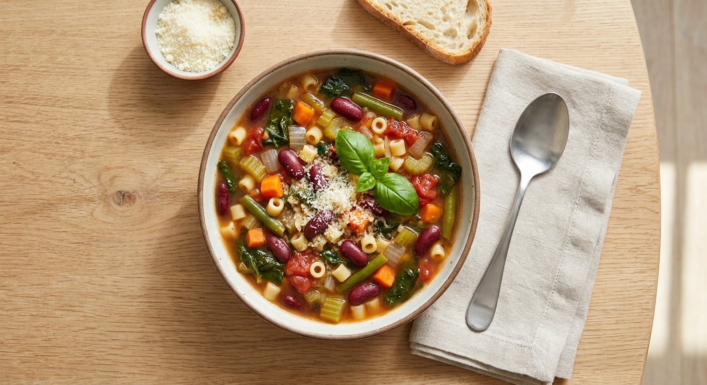 A bowl of minestrone soup with beans, vegetables, and pasta, served on a wooden table with a spoon and a simple linen napkin