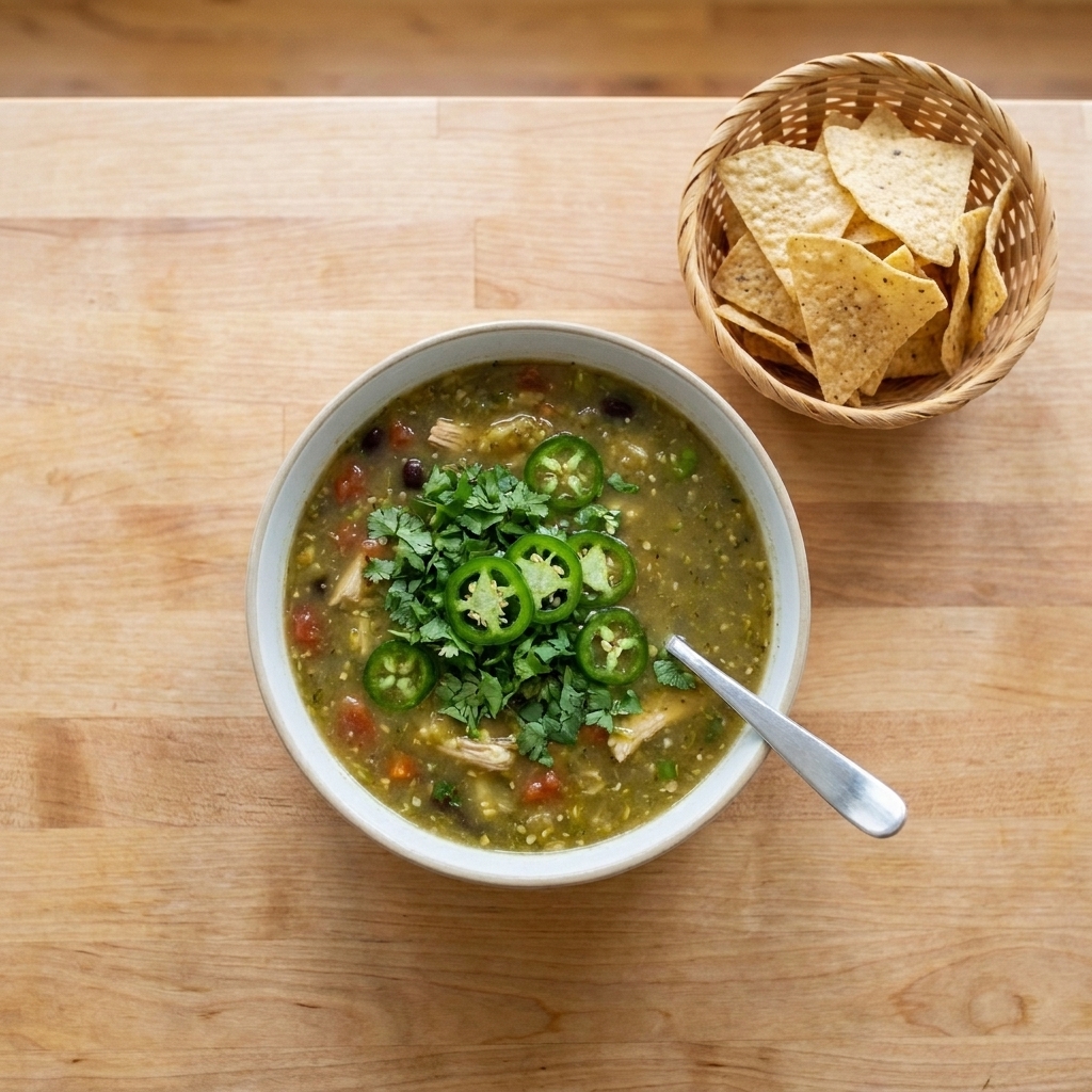 A bowl of salsa verde chicken soup topped with cilantro and sliced jalapeños, with tortilla chips on the side on a simple weeknight dinner table
