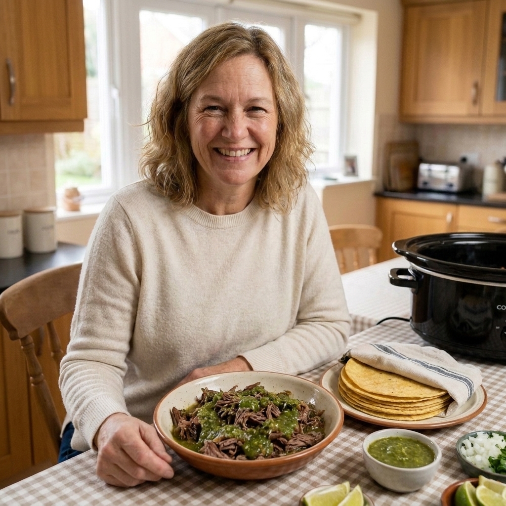A bowl of shredded beef mixed with salsa verde juices, with tortillas on the side for serving