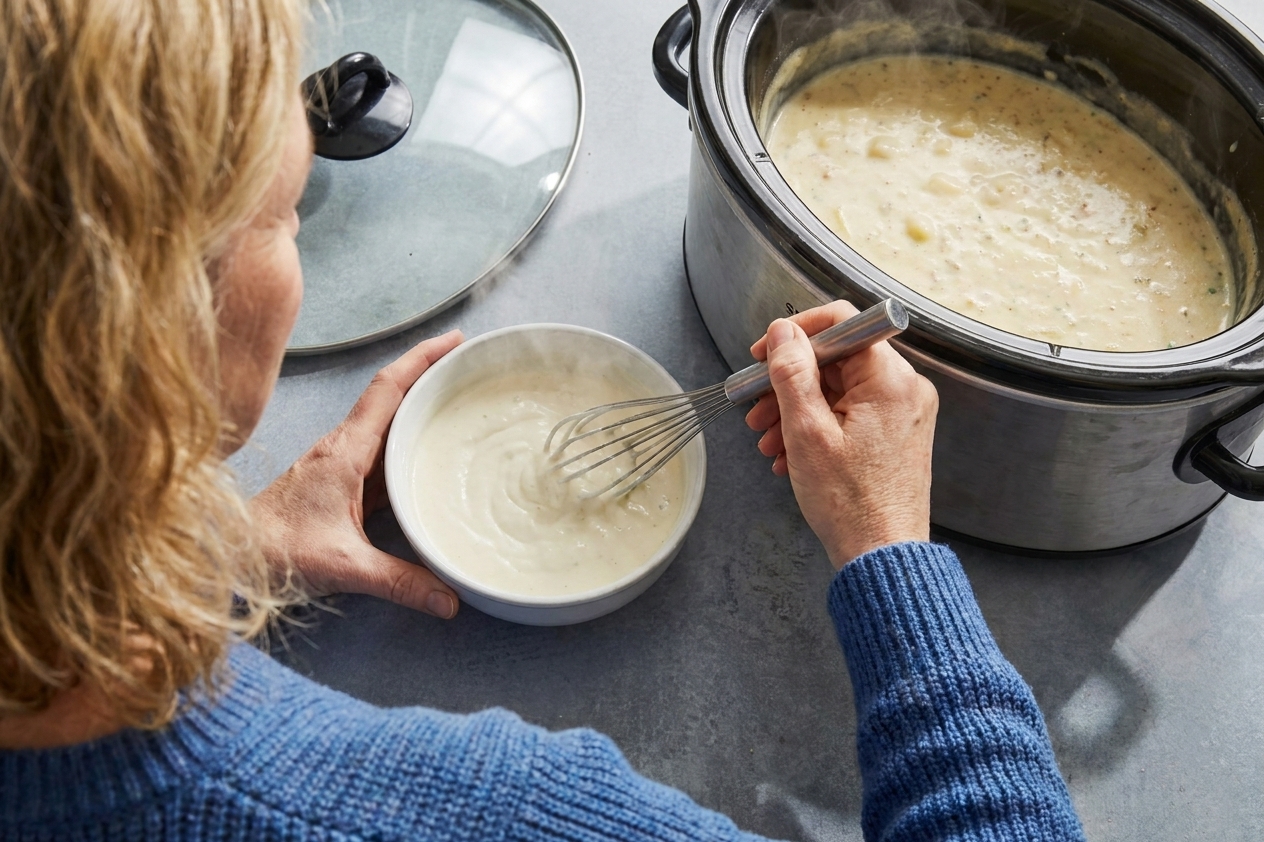 A bowl of sour cream being whisked with a ladle of hot soup broth before being added back into a slow cooker
