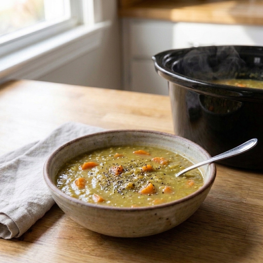 A bowl of split pea soup with visible carrot pieces and cracked black pepper, with a slow cooker in the background