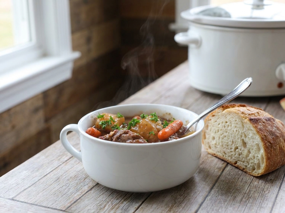 A bowl of thick beef stew on a dinner table with a spoon and a piece of crusty bread nearby