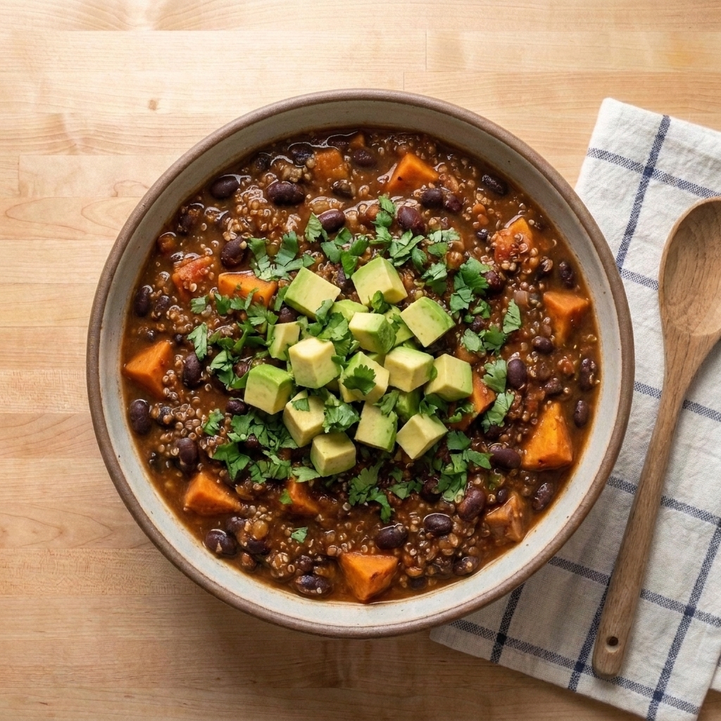 A bowl of thick black bean chili with quinoa, topped with diced avocado and chopped cilantro on a dinner table