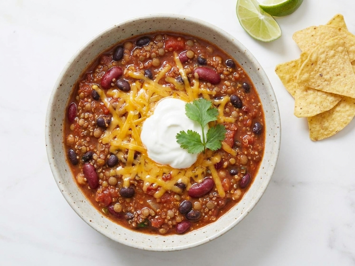 A bowl of three-bean quinoa chili topped with shredded cheese and a dollop of Greek yogurt