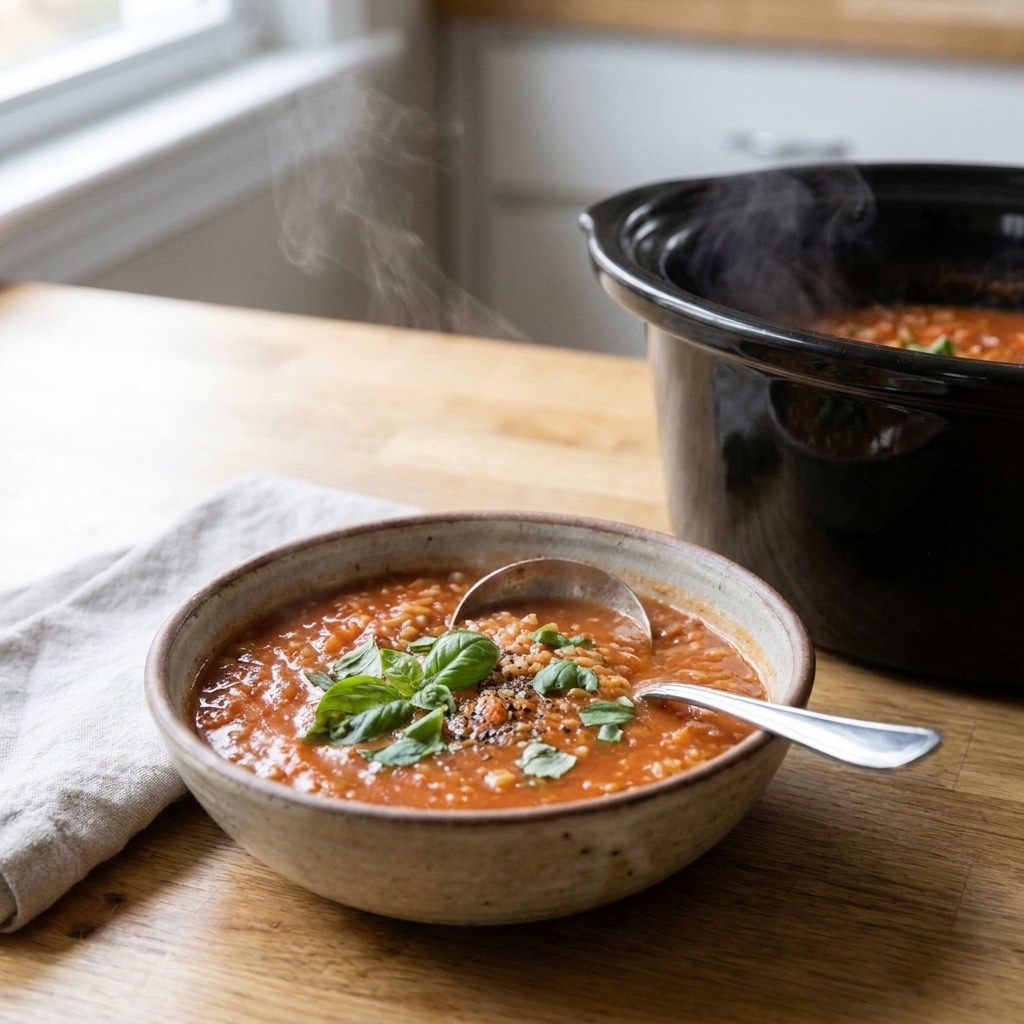 A bowl of tomato rice soup garnished with basil leaves, set next to a ladle and slow cooker insert