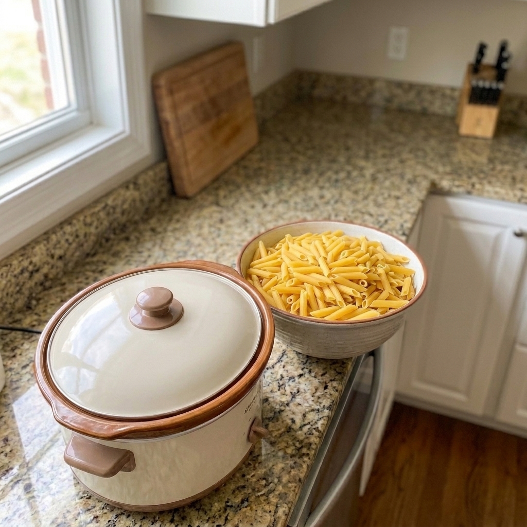 A bowl of uncooked penne pasta on a kitchen counter next to a slow cooker