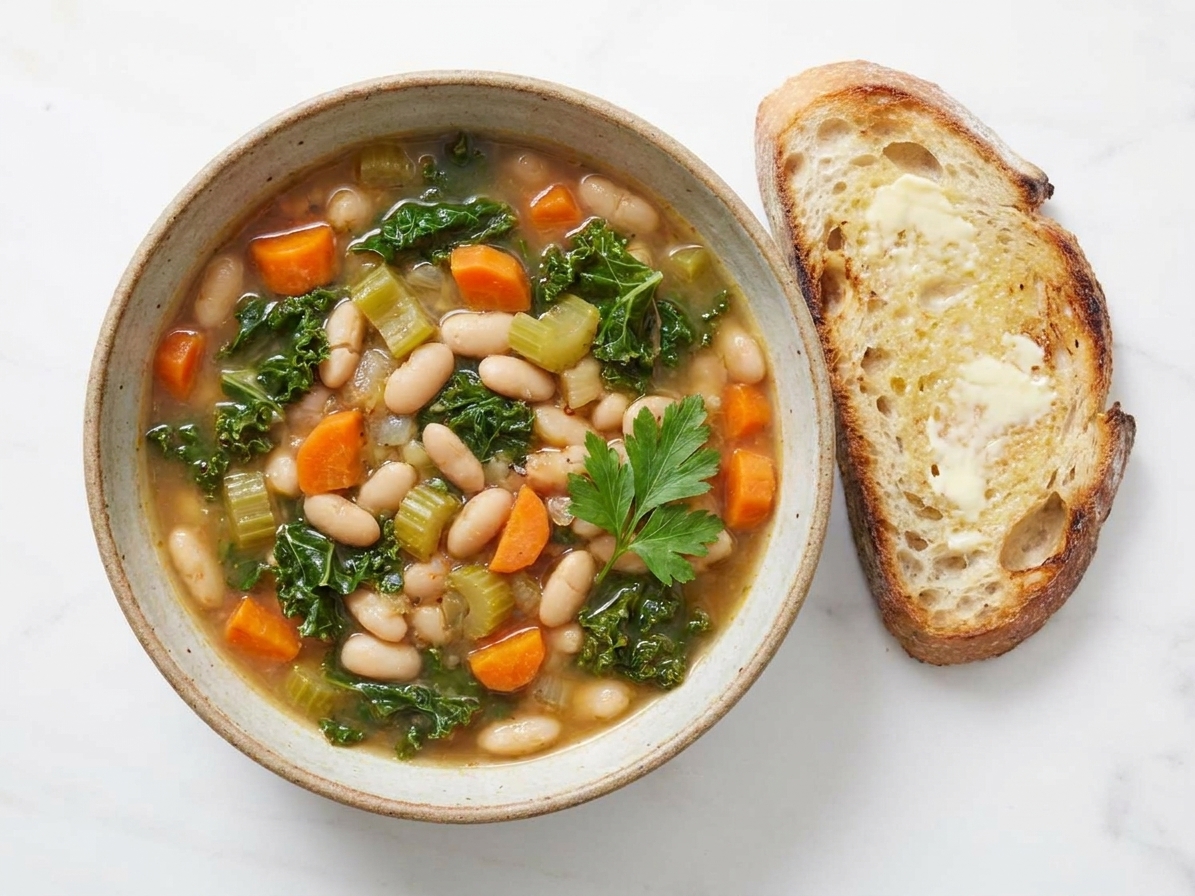 A bowl of white bean and kale stew with carrots and celery, served with crusty bread