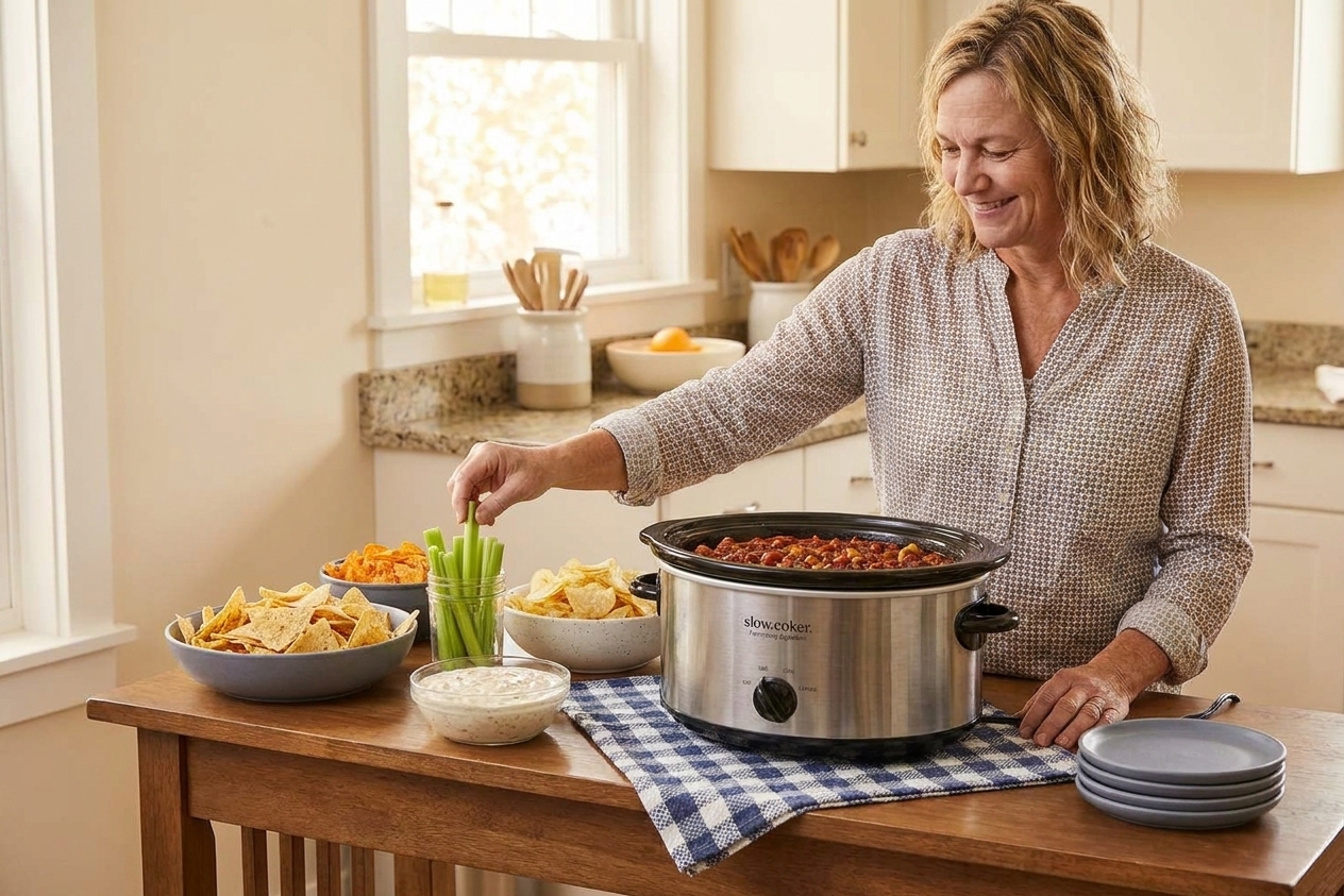 A casual party setup with a slow cooker on a side table, bowls of chips, celery sticks, and small plates