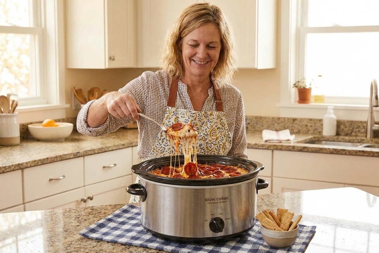A cheesy pizza dip in a slow cooker with browned pepperoni on top and a spoon scooping a stretchy portion