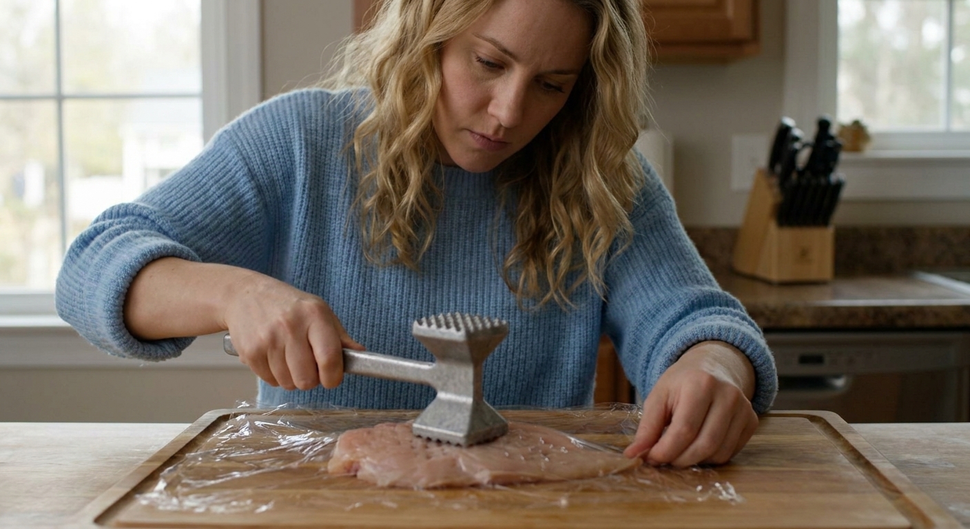 A chicken breast being pounded to an even thickness on a cutting board under plastic wrap