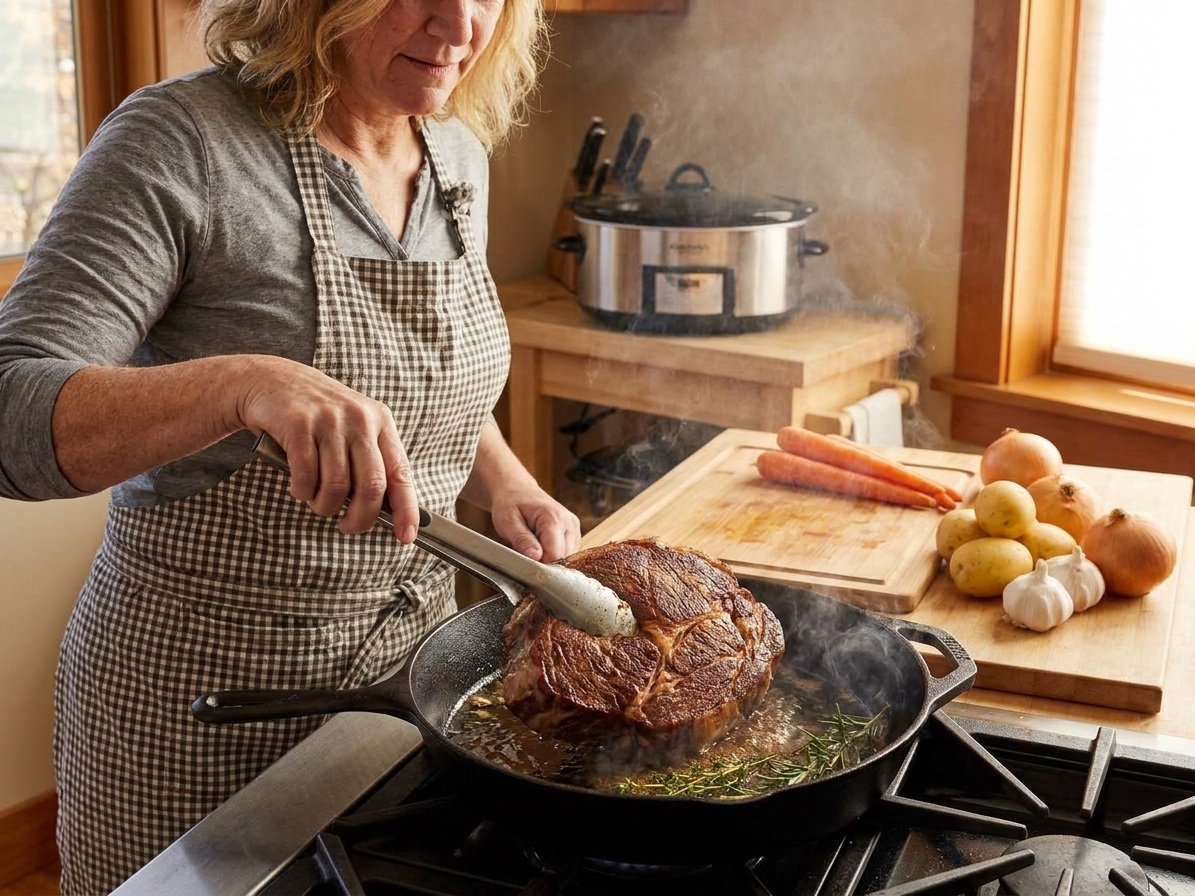 A chuck roast being browned in a hot skillet with tongs, forming a dark golden crust