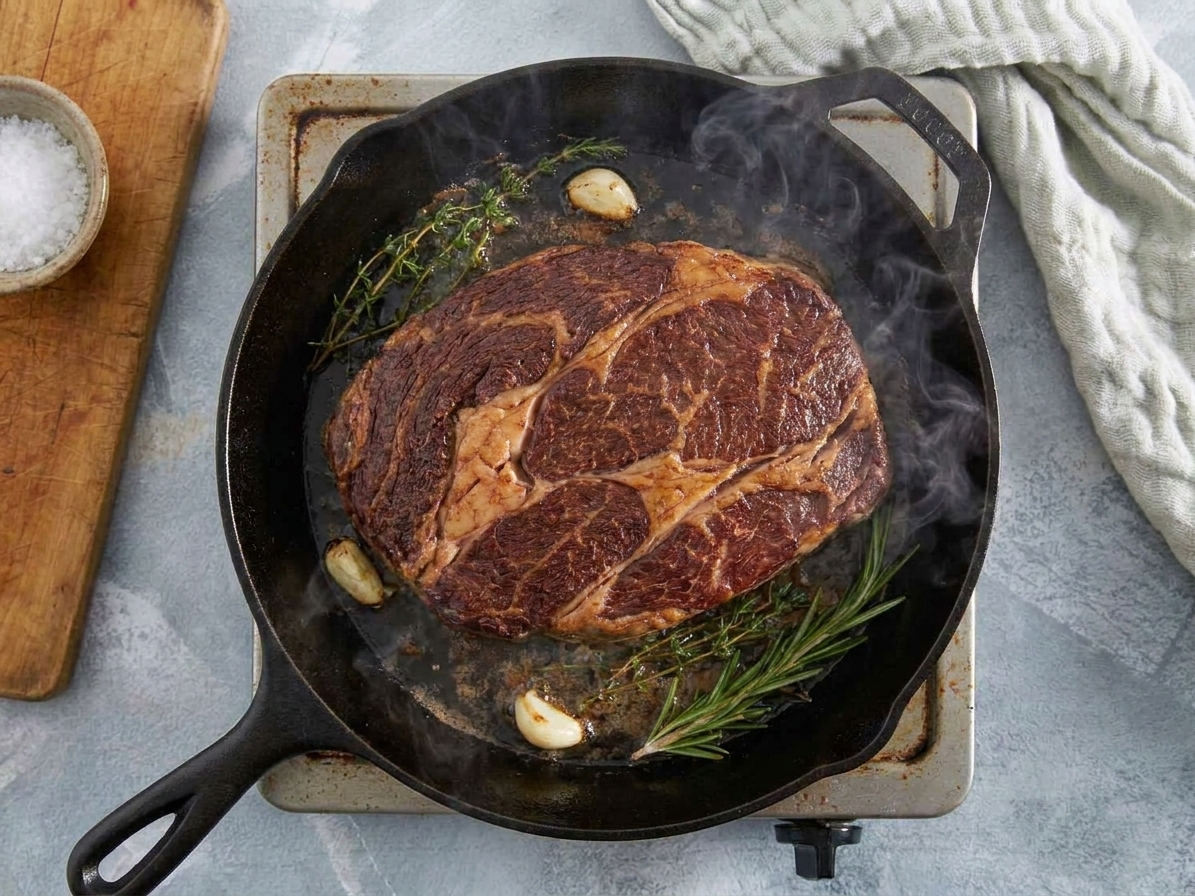A chuck roast being seared in a cast iron skillet with browned crust forming on the surface