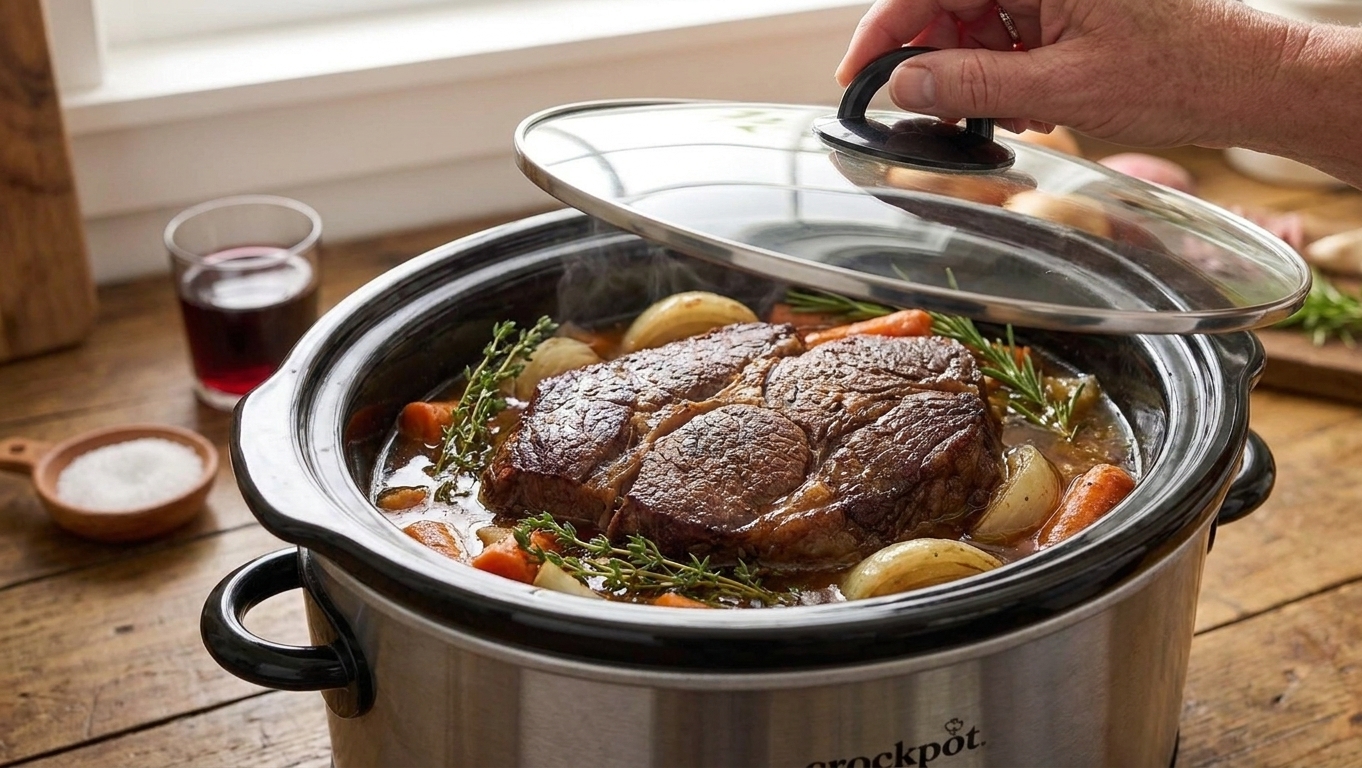 A chuck roast nestled in a slow cooker with onions and herbs, with broth pooled around the meat and the lid lifted slightly as if checking doneness