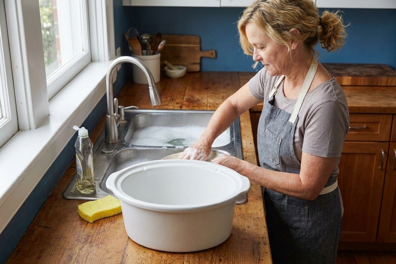 A clean slow cooker ceramic insert resting beside a sink with soapy water and a sponge on the counter
