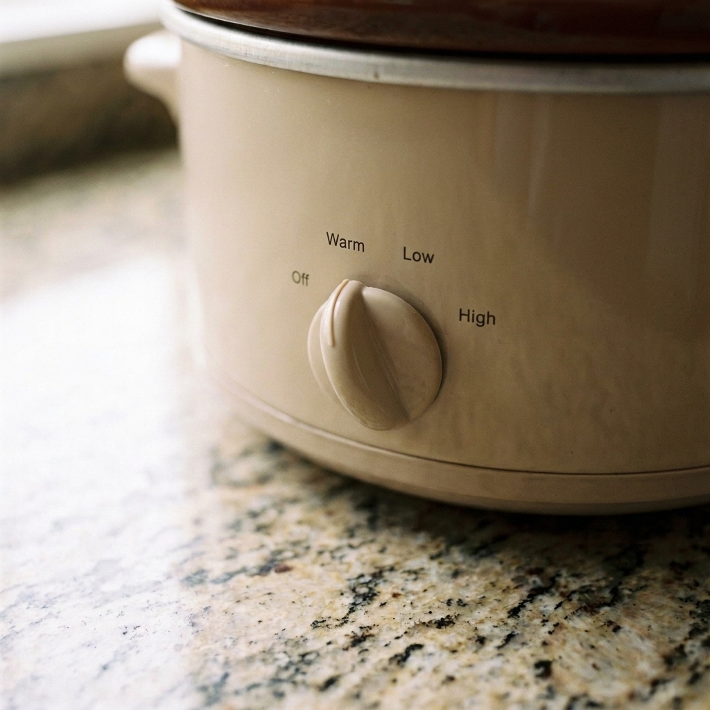 A close-up of a slow cooker temperature dial set to the Warm setting on a clean kitchen counter