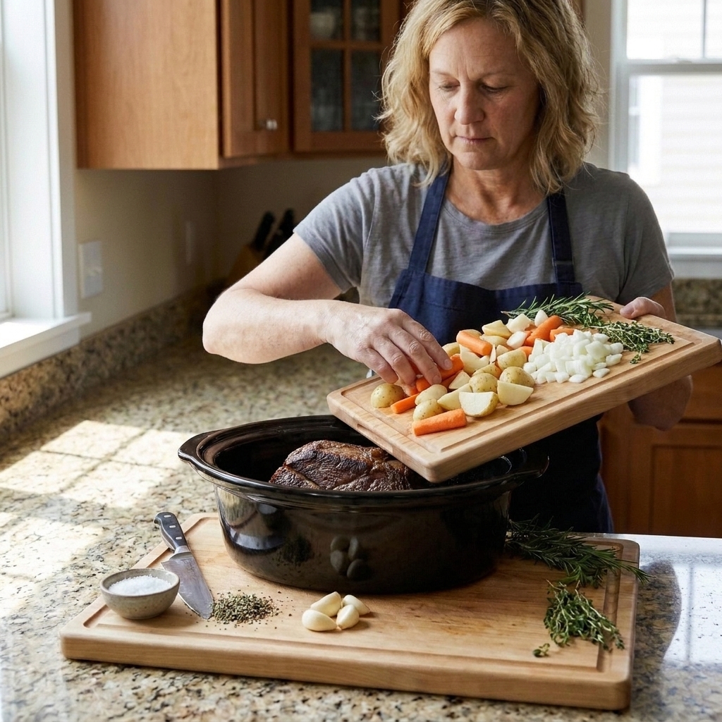 A cook adding carrots and potatoes into a slow cooker on a kitchen counter during meal prep