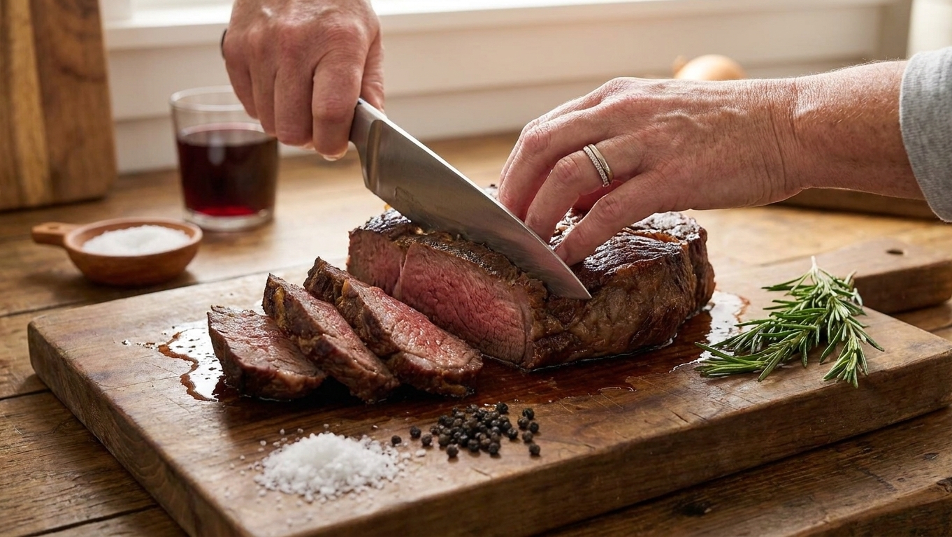 A cooked beef roast on a cutting board being sliced against the grain with a chef's knife, with juices pooling lightly on the board