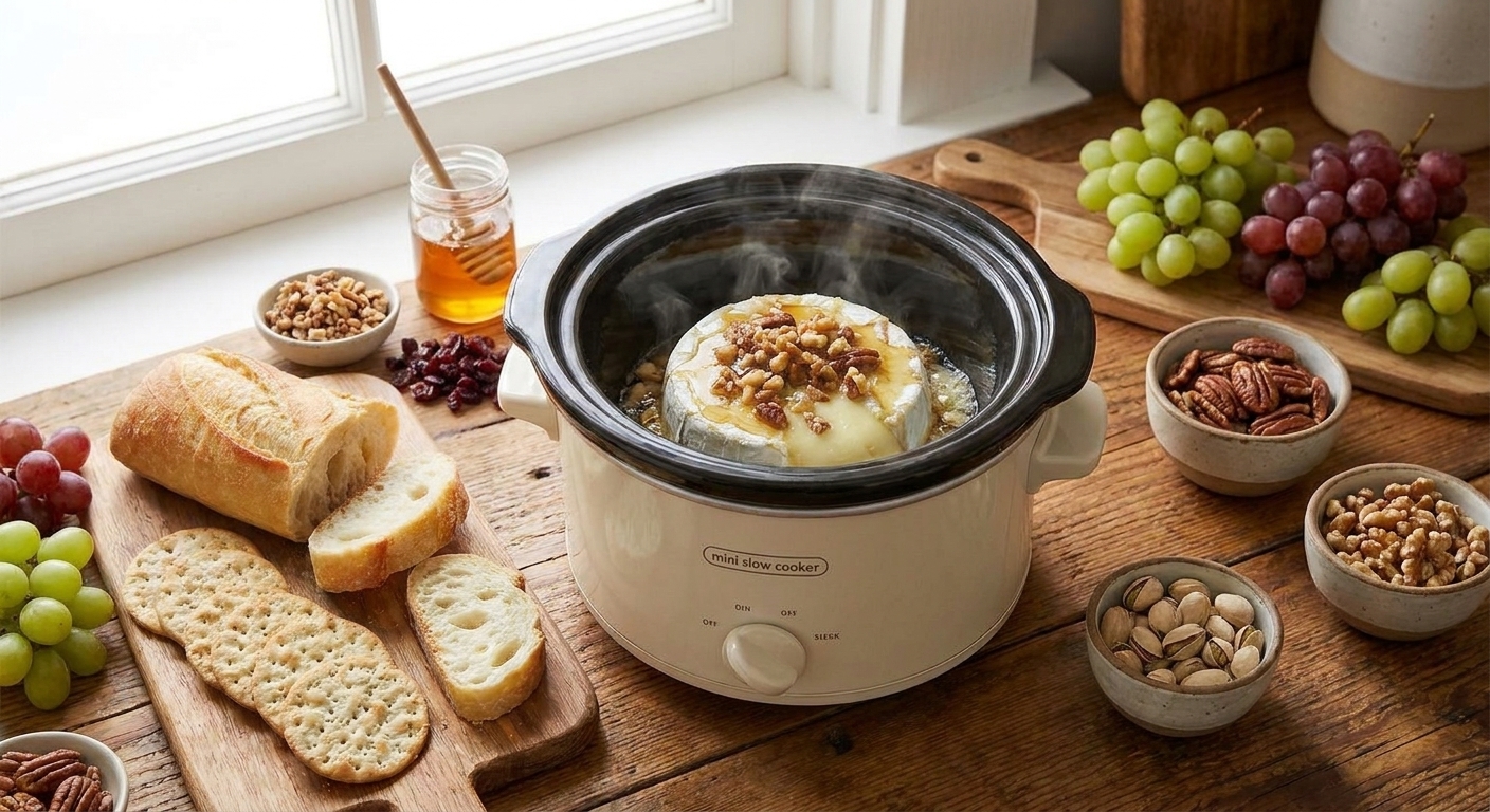 A cozy appetizer table setting with a mini slow cooker of warm brie in the center, surrounded by crackers, sliced baguette, grapes, and small bowls of nuts