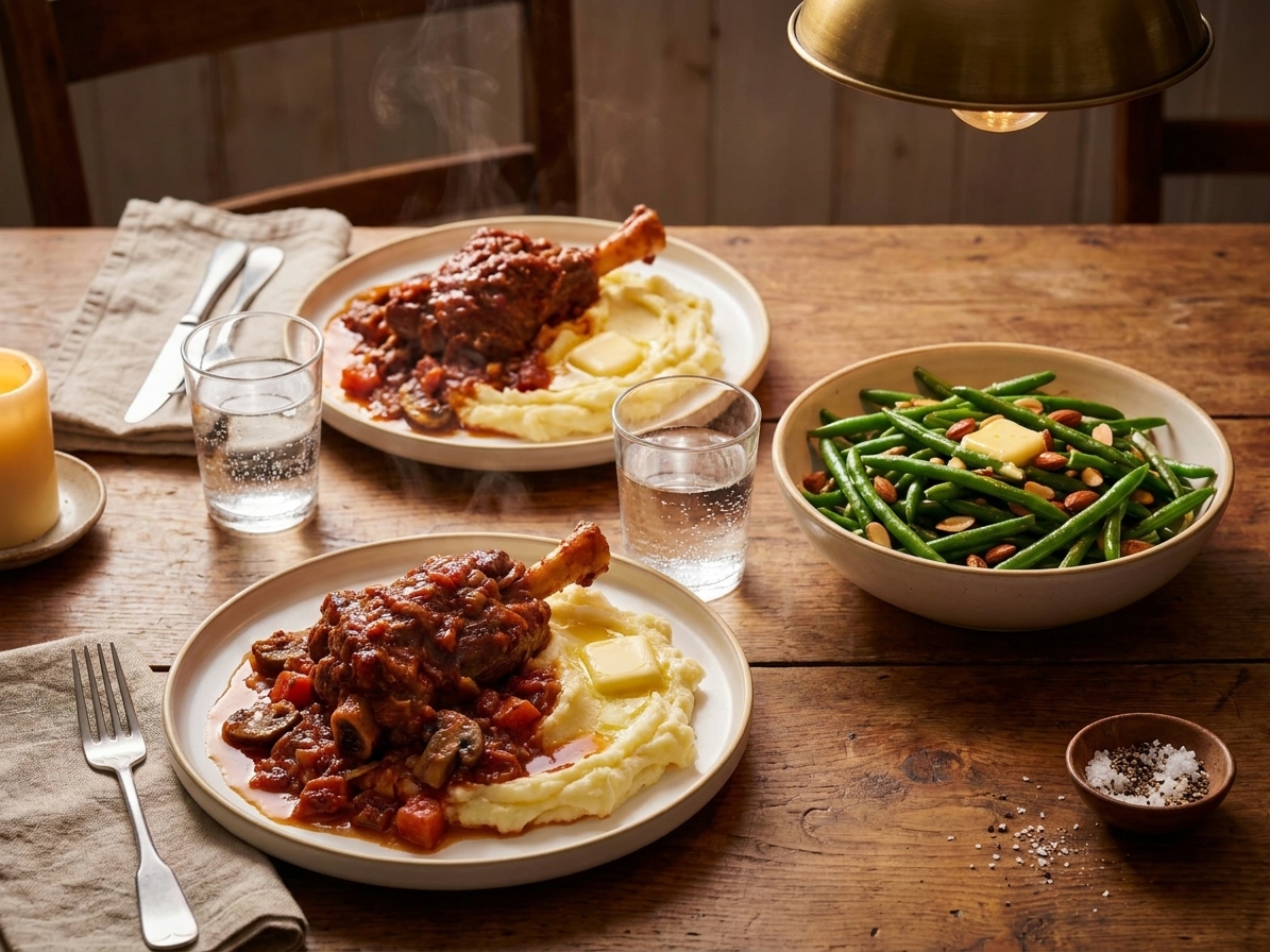 A cozy dinner table set with plated lamb shanks, mashed potatoes, a bowl of green beans, and water glasses under warm lighting