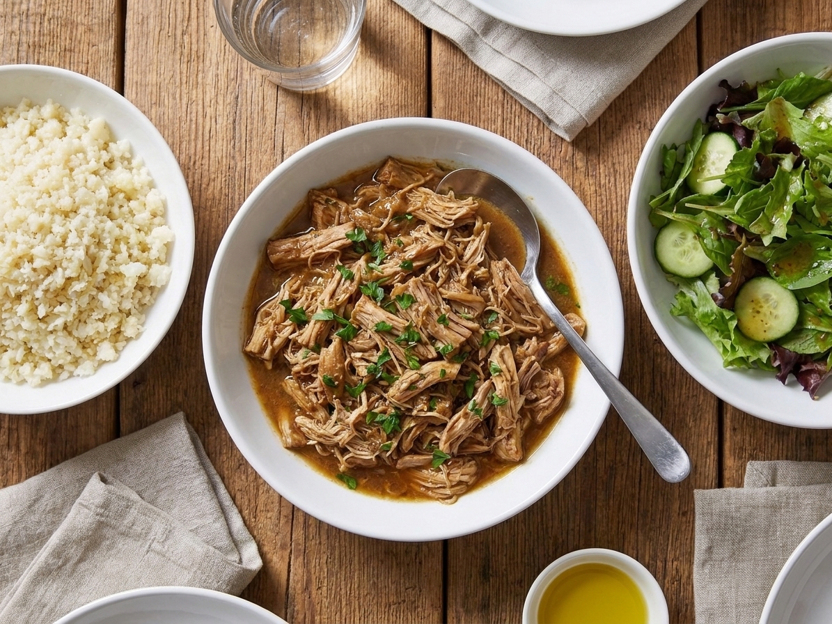 A cozy dinner table with bowls of low-carb slow cooker chicken, cauliflower rice, and a simple salad ready to serve