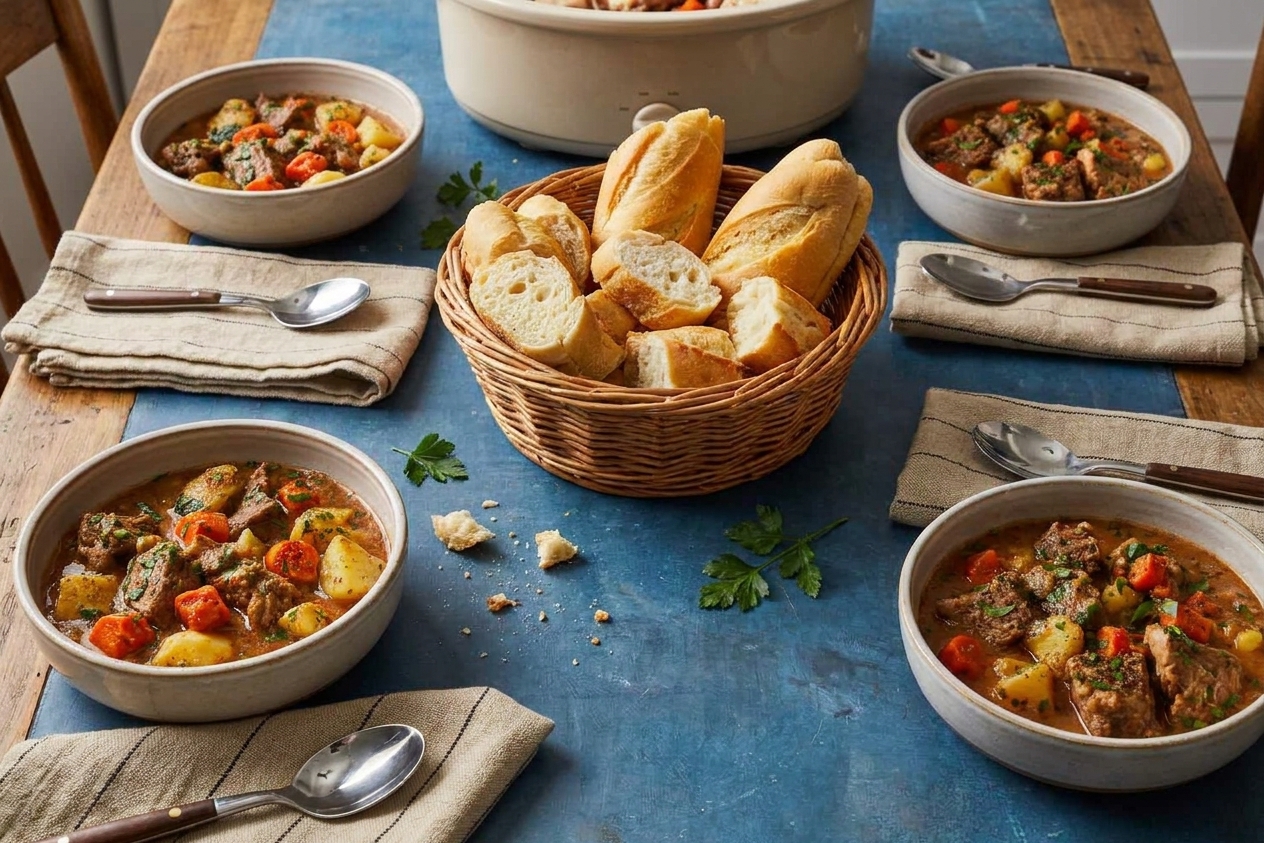 A cozy dinner table with bowls of stew, a basket of bread, and simple napkins set for a family meal