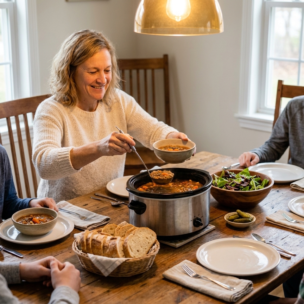 A cozy family dinner table with bowls of slow cooker stew served with simple sides under warm lighting