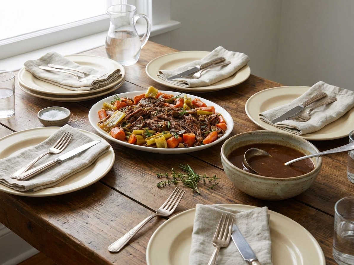 A cozy family-style table setting with a serving dish of pot roast, a bowl of gravy, and warm dinner plates ready to be filled