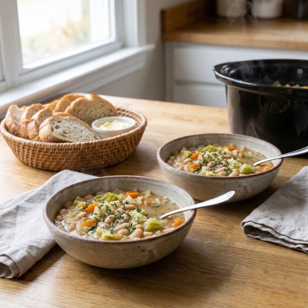 A cozy table setting with two bowls of soup, a basket of sliced bread, and simple spoons and napkins