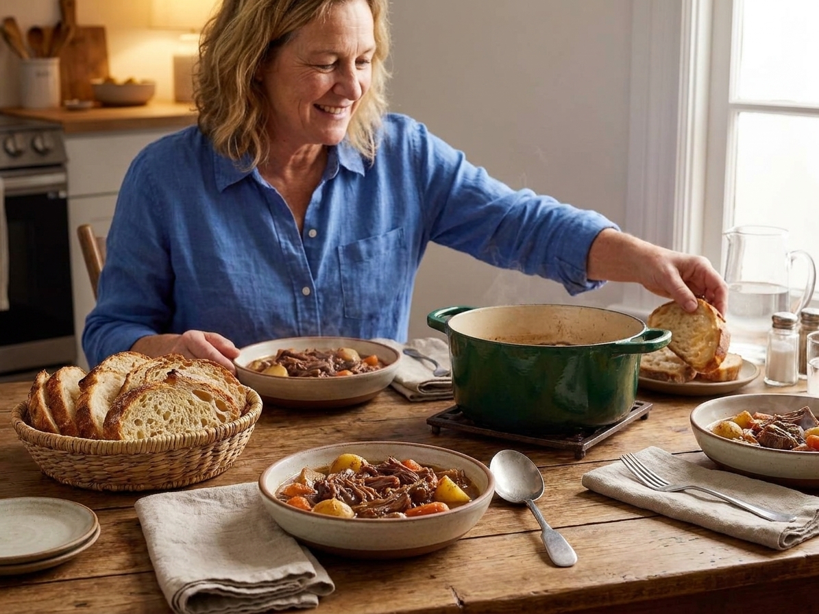 A cozy weeknight dinner table set with bowls of beef stew, spoons, and a basket of crusty bread