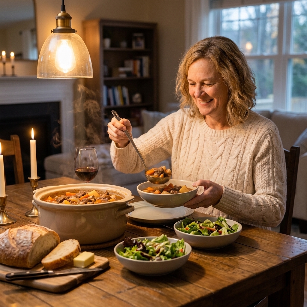 A cozy weeknight dinner table set with bowls of slow cooker stew, a simple green salad, and warm bread on a wooden table