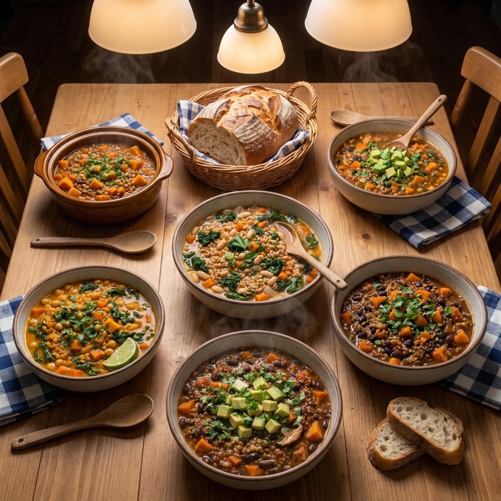 A cozy weeknight dinner table set with bowls of vegetarian stew, spoons, and a basket of bread under warm kitchen lighting