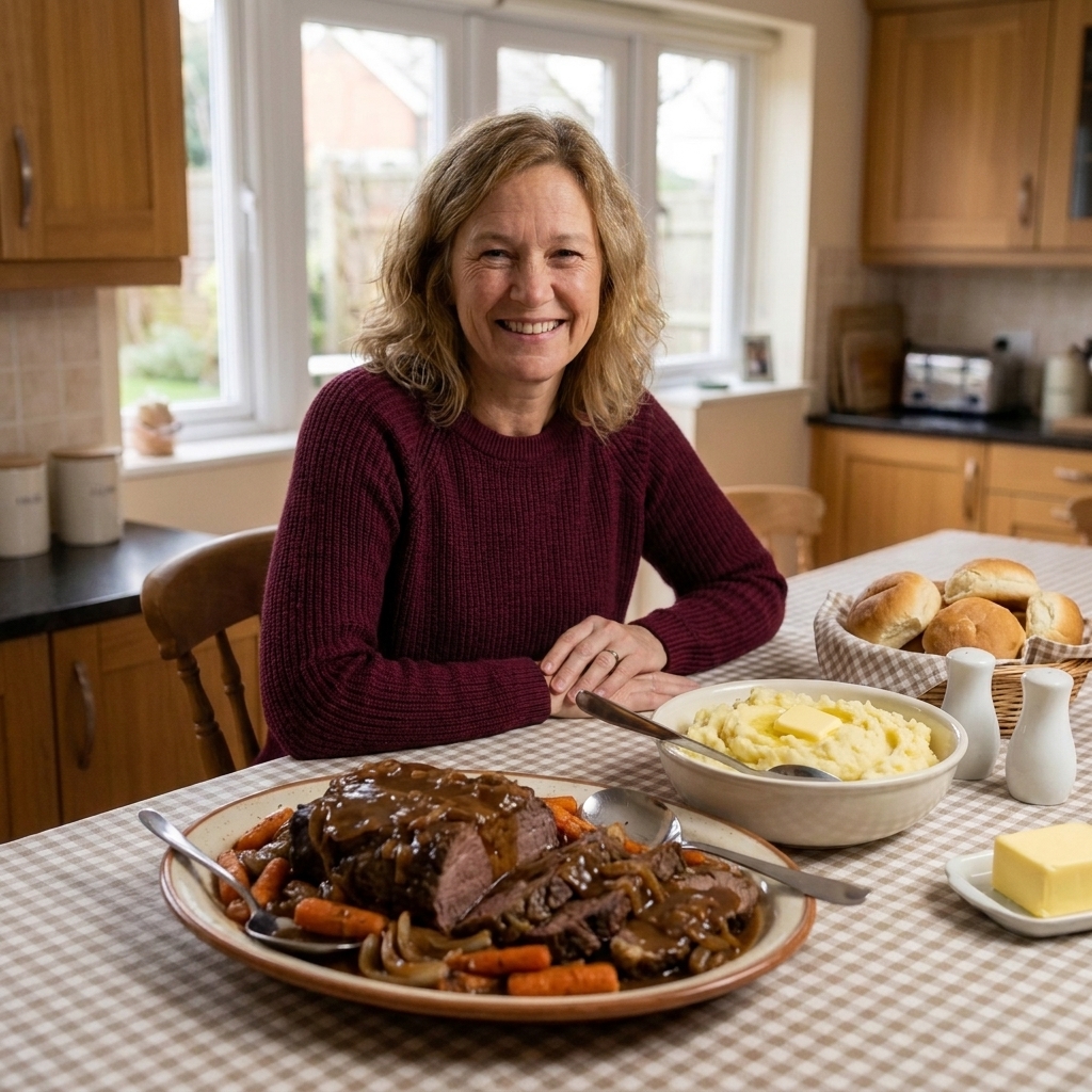 A cozy weeknight dinner table with a platter of pot roast, mashed potatoes, and serving spoons ready for a family meal