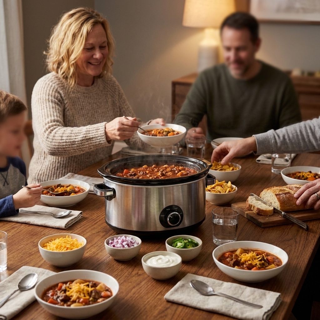 A cozy weeknight dinner table with bowls of slow cooker chili, toppings in small dishes, and simple place settings ready for a family meal