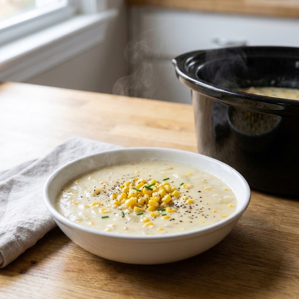 A creamy-looking potato corn chowder in a white bowl with corn kernels and black pepper on top